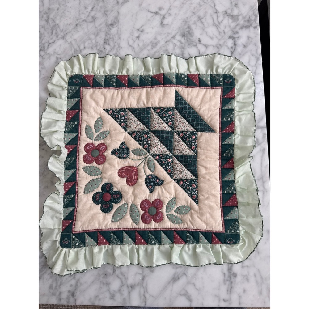 Vintage Handmade Quilted Floral Basket Pillow Cover Ruffled Green Pink 13x13